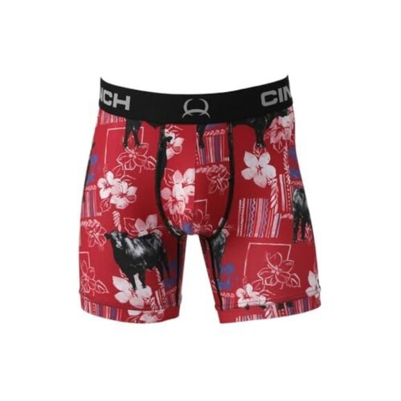 Cinch Men's 6" Angus Cow Floral Hawaiian Boxer Brief - Red - Picture 1 of 5